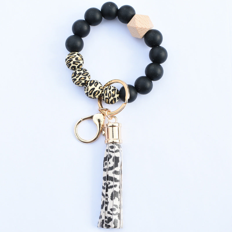 Wholesale Food Grade Silicone Beads Leather Tassel Wood Beads Bracelet Keychain
